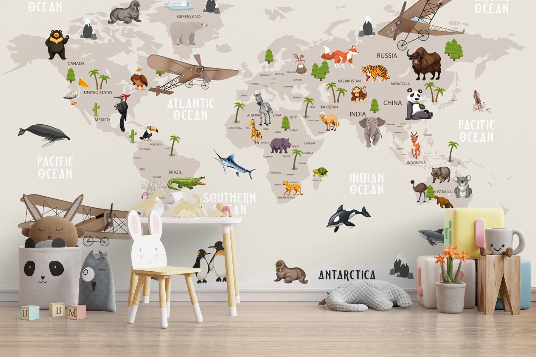 Eğitici Dünya Haritası Çocuk Odası Duvar Kağıdı