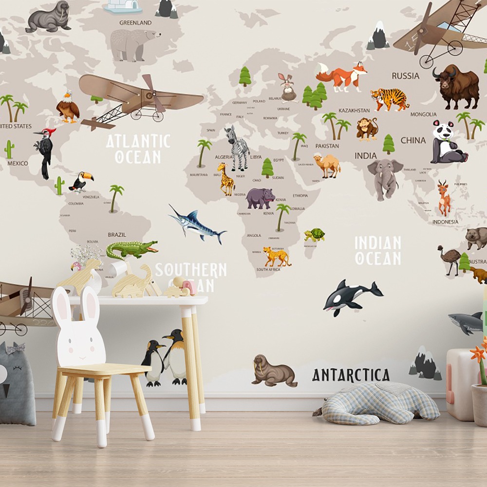 Eğitici Dünya Haritası Çocuk Odası Duvar Kağıdı