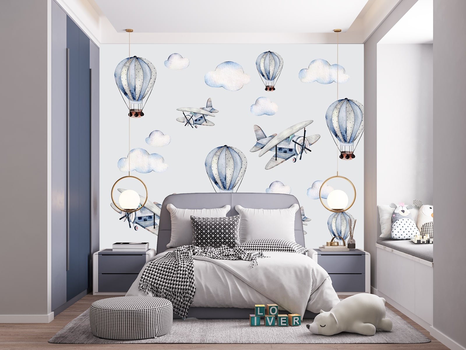Balonar ve Uçaklar Çocuk Odası Duvar Kağıdı