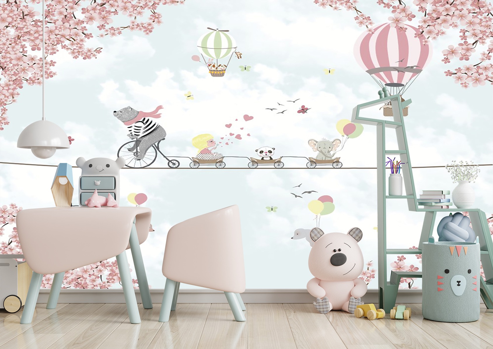 İp Üstünde Hayvanlar Çocuk Odası Duvar Kağıdı