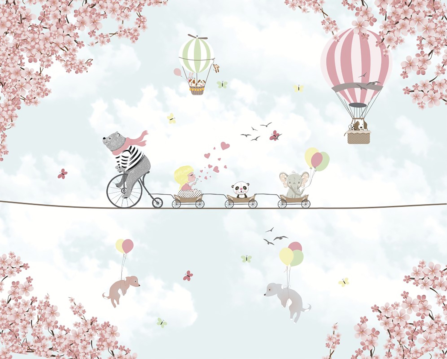 İp Üstünde Hayvanlar Çocuk Odası Duvar Kağıdı