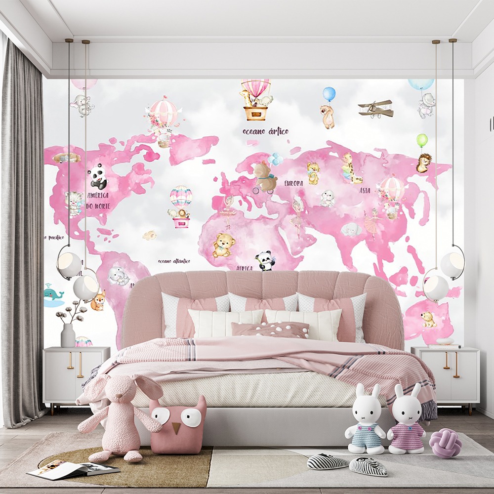 Eğitici Dünya Haritası Çocuk Odası Duvar Kağıdı