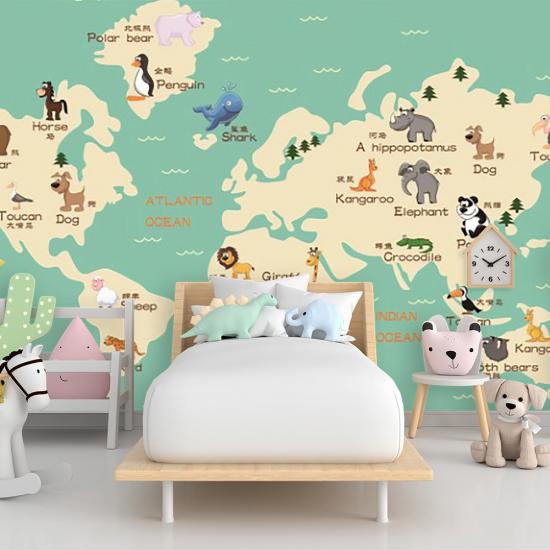 Eğitici Hayvanlı Dünya Haritası Çocuk Odası Duvar Kağıdı |  Gece Kids Room| Çocuk Odası Dekorasyonu