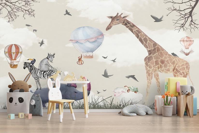 Zürafa ve Hayvanlar Çocuk Odası Duvar Kağıdı |  Gece Kids Room| Çocuk Odası Dekorasyonu