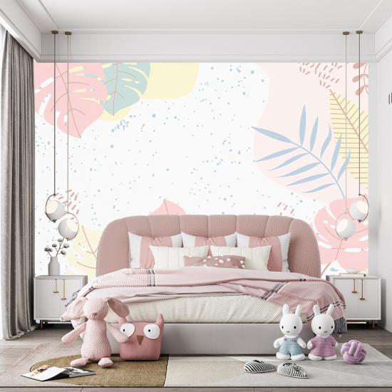 Soft Renk ve Yapraklar Çocuk Odası Duvar Kağıdı |  Gece Kids Room| Çocuk Odası Dekorasyonu
