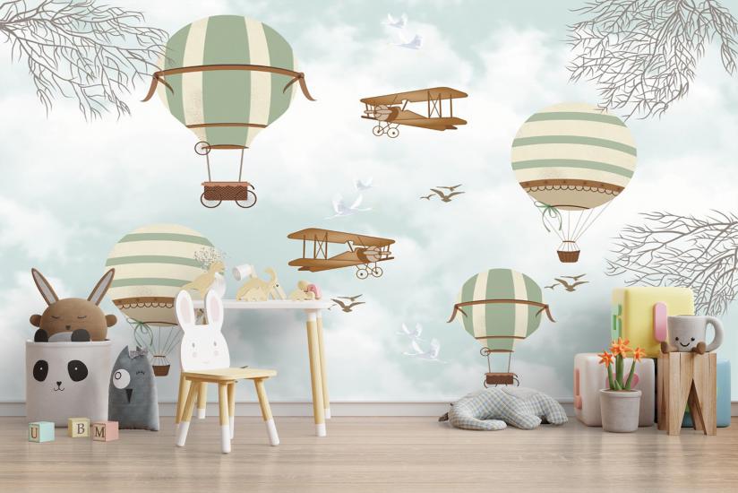 Balonlar ve Uçak Çocuk Odası Duvar Kağıdı |  Gece Kids Room| Çocuk Odası Dekorasyonu